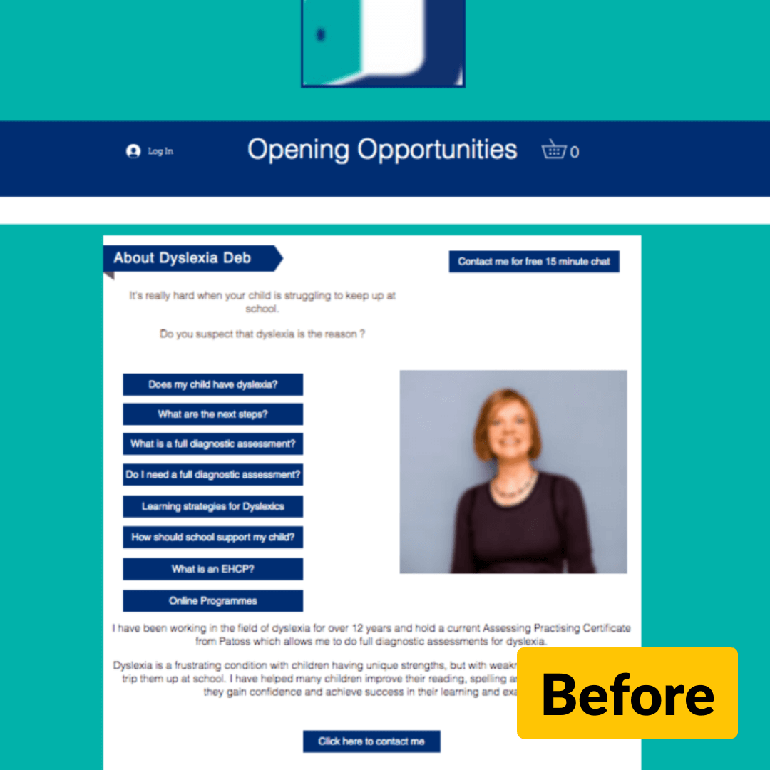Screenshot of the Dyslexia Deb website before the redesign.