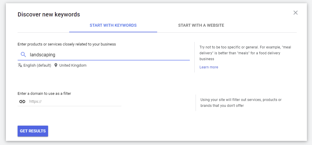 Screenshot of the search section of Google Keyword Planner