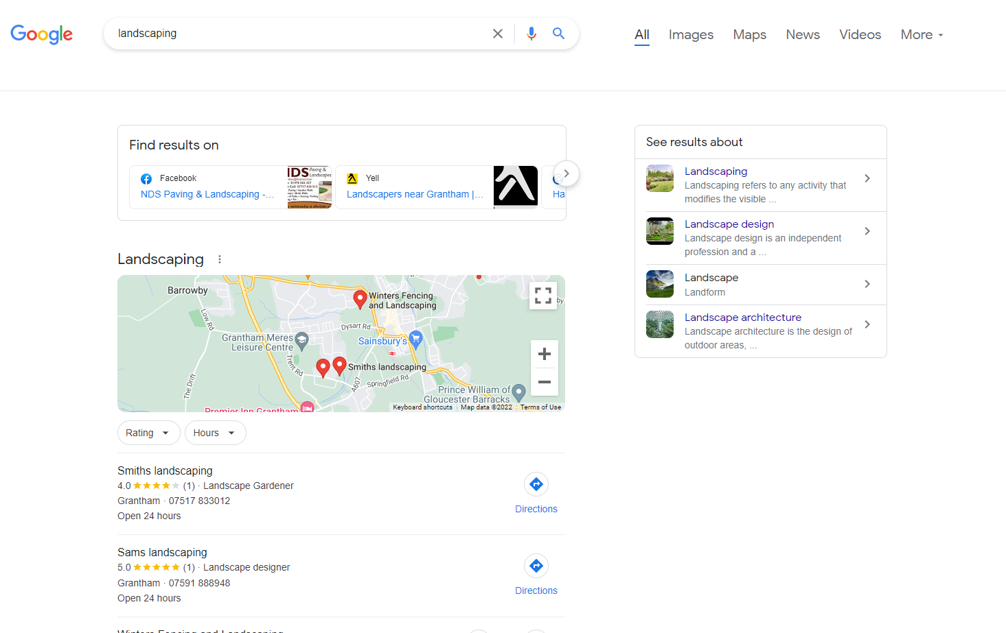 Screenshot of Google search results for “Landscaping”
