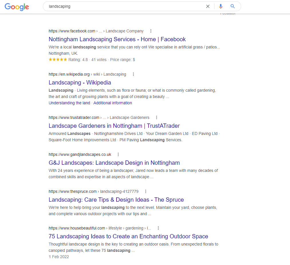 Screenshot of Google search results for “Landscaping”