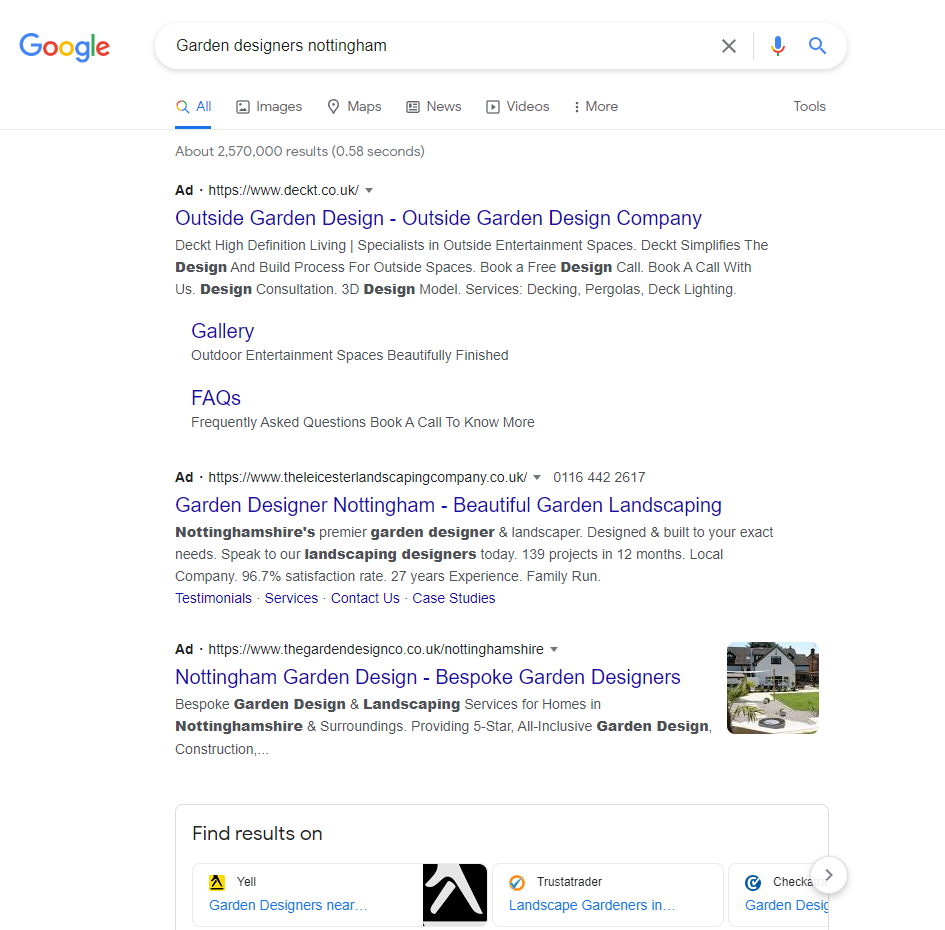 Screenshot of the Google search results for “Garden designers Nottingham”