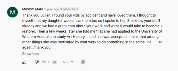 Screenshot of a comment on the Baumgartner Restoration YouTube channel