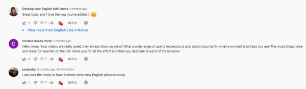Screenshot of comments on the English Like a Native YouTube channel
