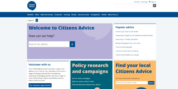Screenshot of Citizen's Advice homepage