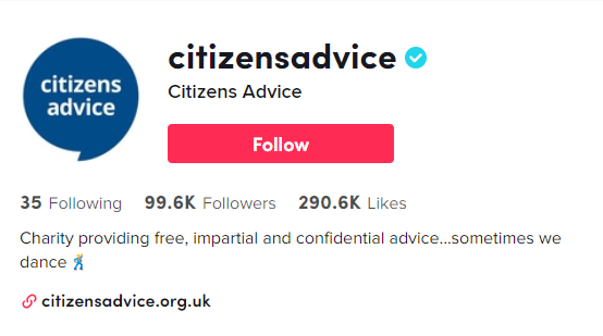 Screenshot of Citizens Advice's TikTok bio