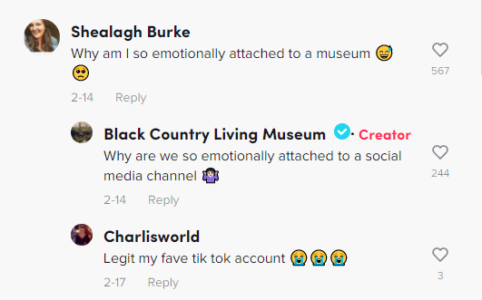 Screenshot of a Black Country Living Museum TikTok comment