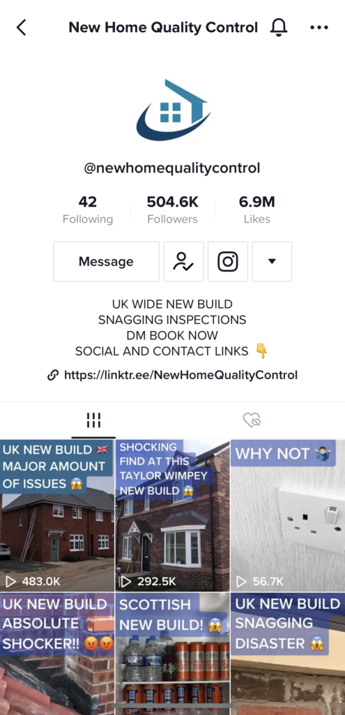 Screenshot of the new home quality control tiktok