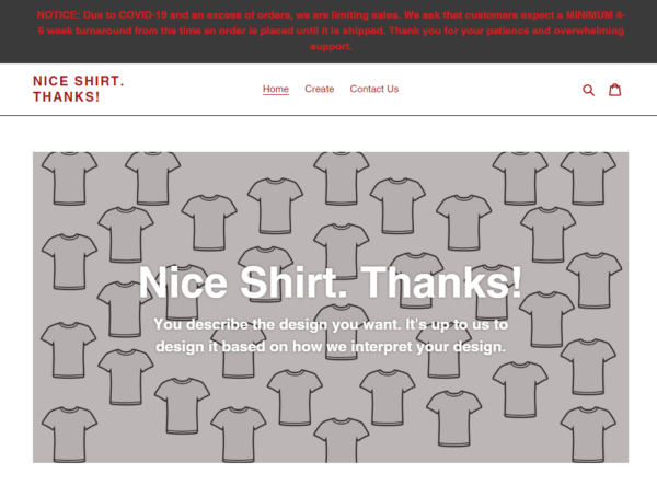 Screenshot of the nice shirt thanks website
