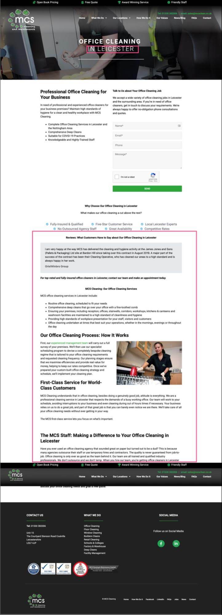 Screenshot of a MCS Cleaning landing page with keywords highlighted.