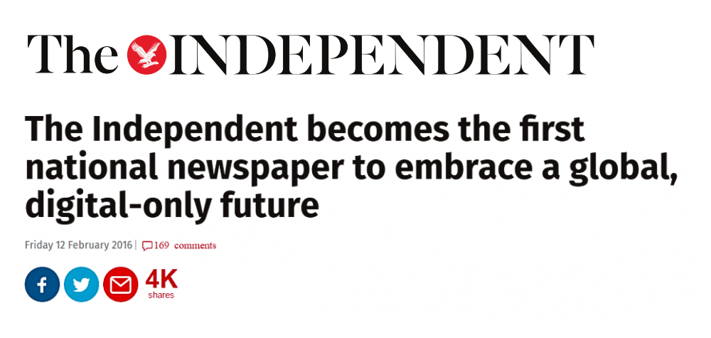 Screenshot showing the Independent's news that it's going digital only.