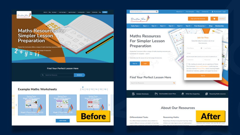 Screenshots of the Master the Curriculum website before and after the redesign.
