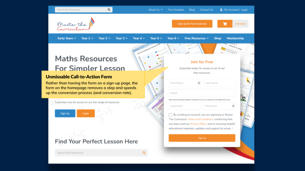 Annotated screenshot of the form on the Master the Curriculum homepage.