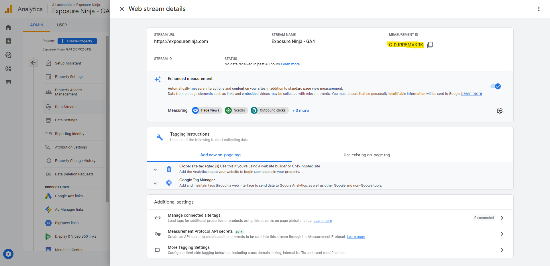 Google Analytics property Setup Assistant connected screen