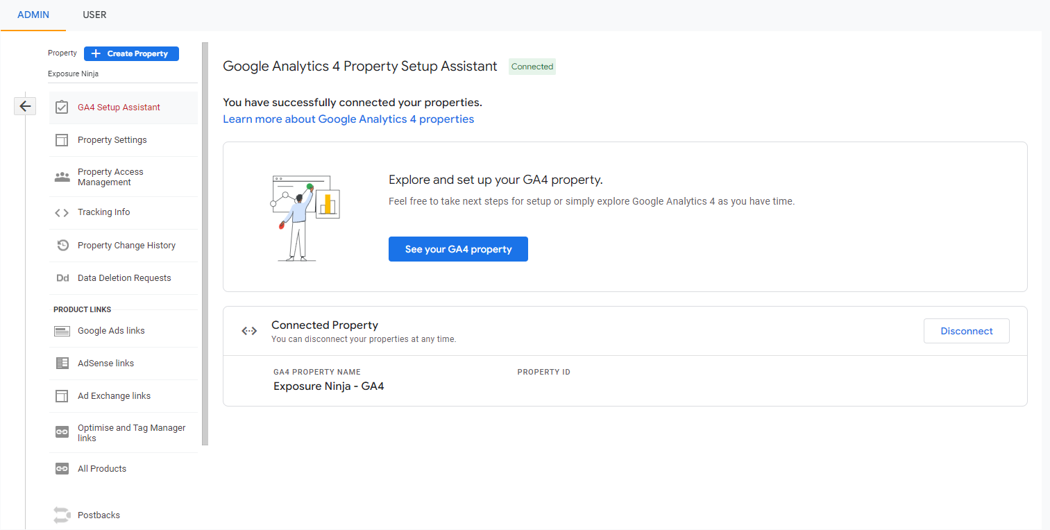Google Analytics property Setup Assistant connected screen
