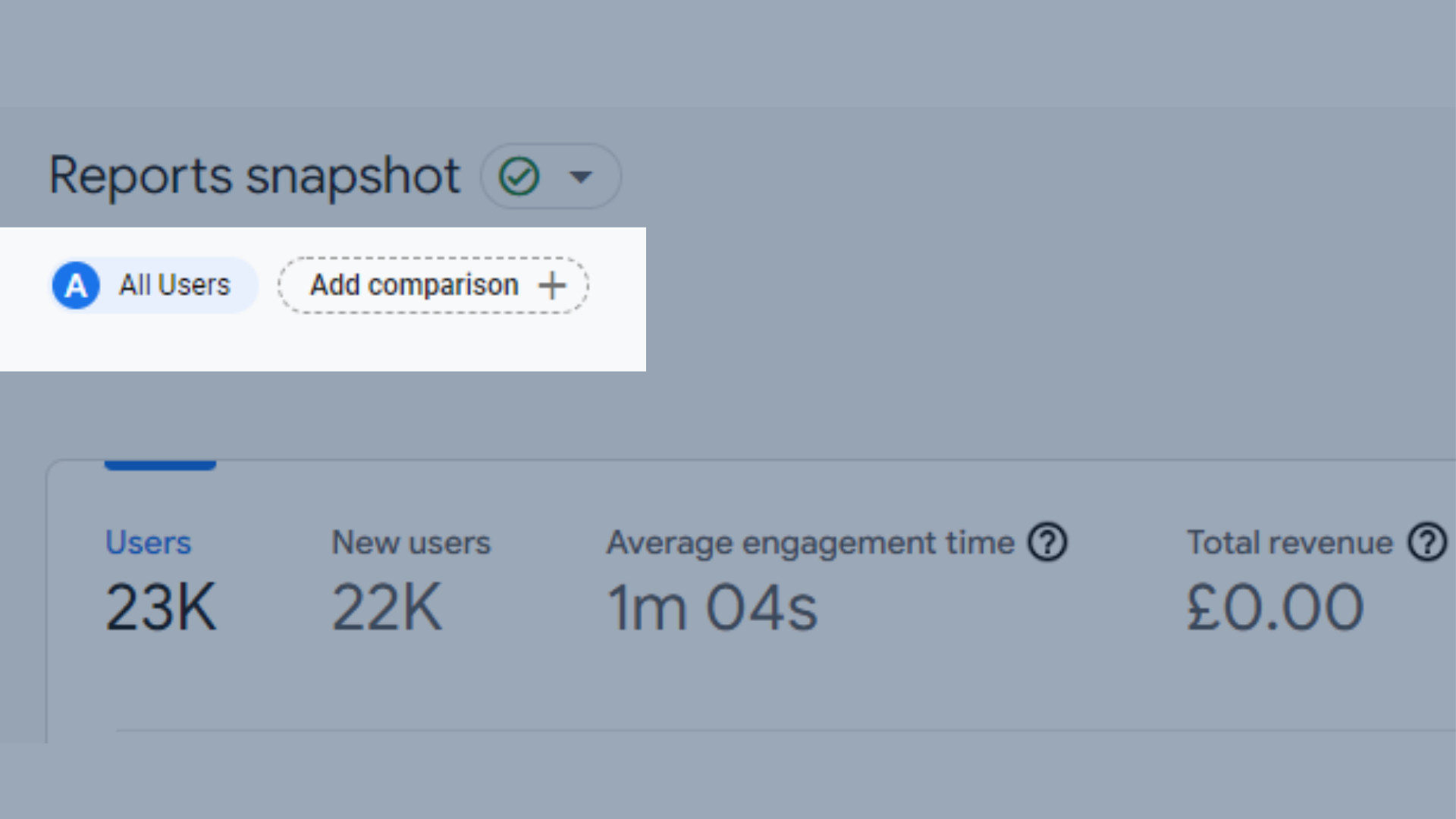 Location of the Add Comparison button in GA4 reports