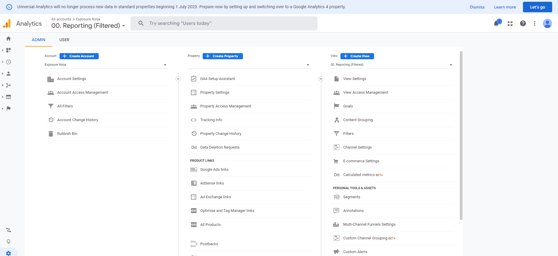Screenshot of the Universal Analytics admin screen