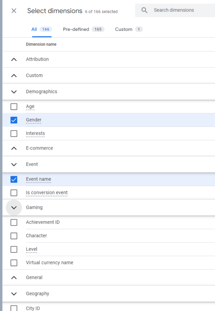 Select dimensions in custom reports
