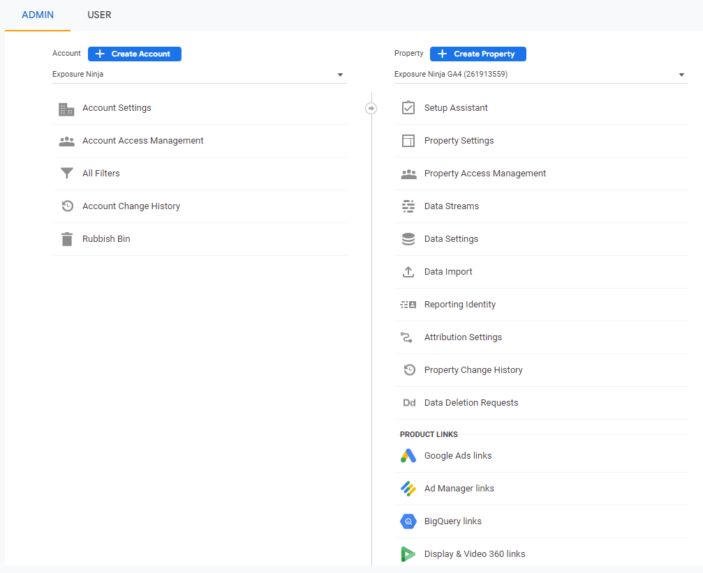 The Account and Property columns in Google Analytics 4