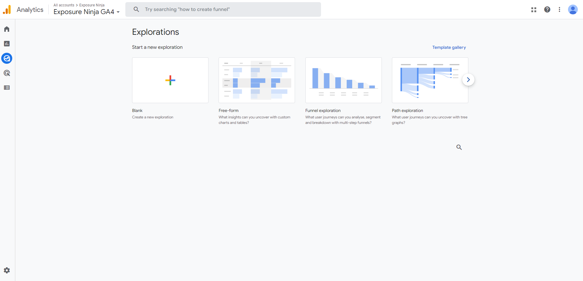 The Explore page for custom reports, or explorations, in GA4