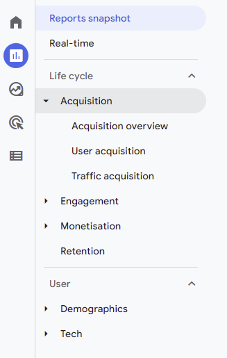 The location of acquisition reports in Google Analytics 4