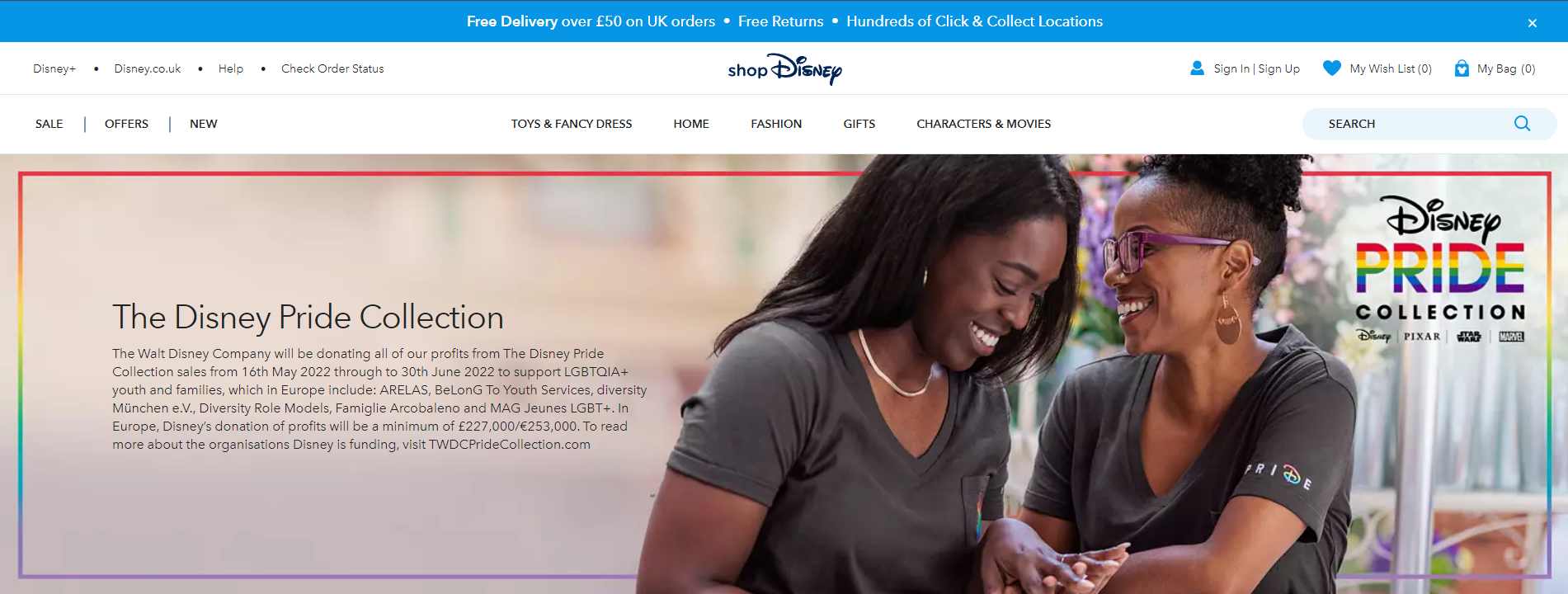 Screenshot of the Disney Pride Collection landing page
