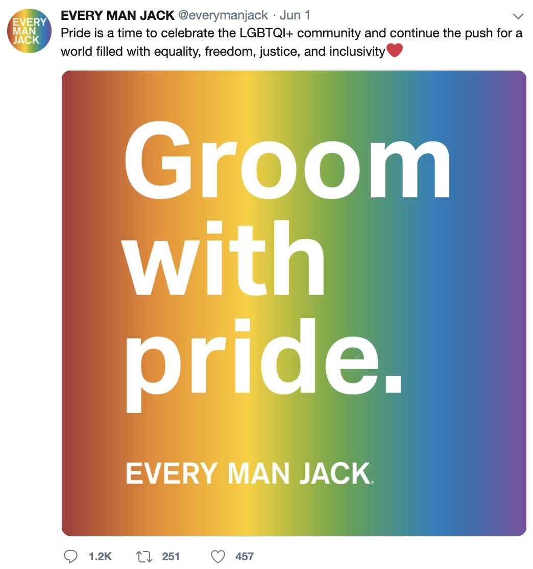 A pride social media advert from Every Man Jack. There is a rainbow gradient square with the words "Groom with Pride" written on it