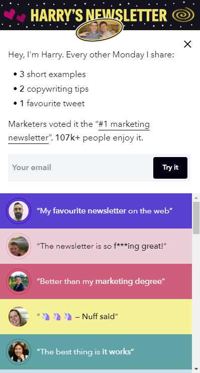 Screenshot of the email list CTA on Marketing Examples. The text reads "Get 6 new tips in your inbox every other Monday"