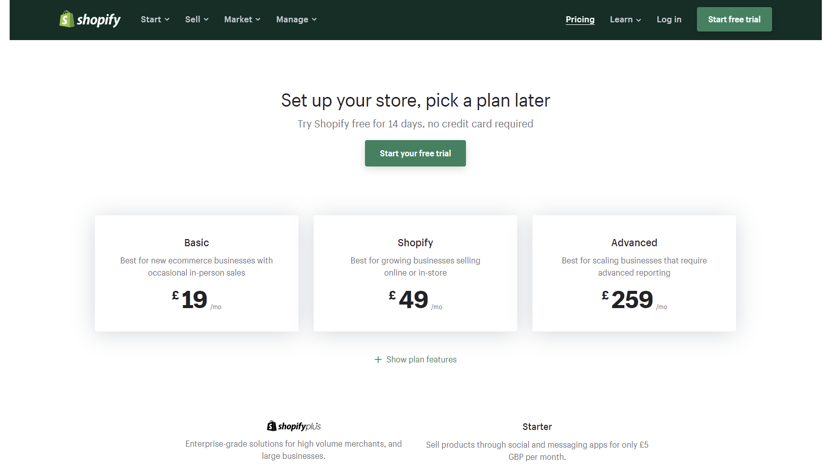 Screenshot of Shopify's plans