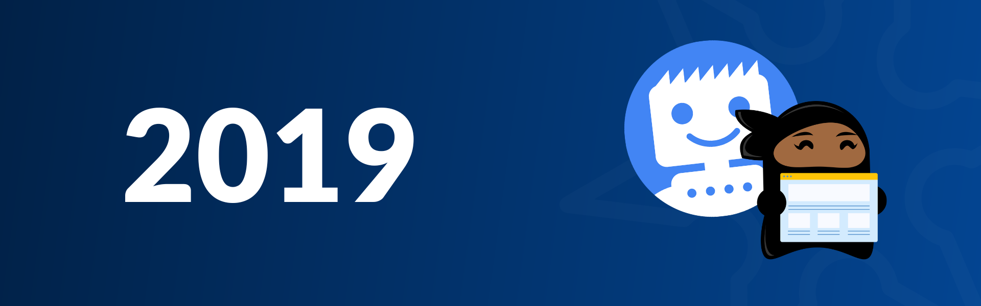 A header image for the 2022 section of the Google algorithm history. The text reads "2019" and has Google's search robot logo as well as a ninja