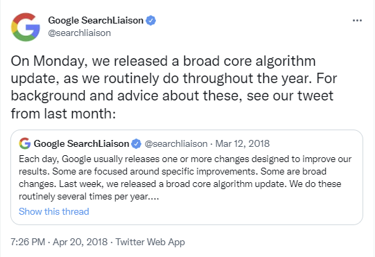 Screenshot of a Google Search Liaison Tweet from April 2018