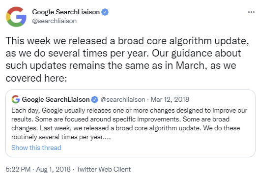 Screenshot of a Google Search Liaison Tweet from August 2018
