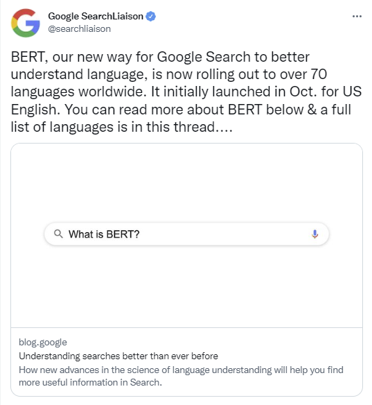 Screenshot of a Google Search Liaison Tweet from December 2019