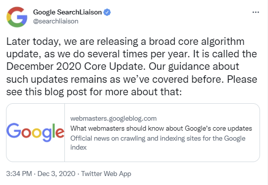 Screenshot of a Google Search Liaison Tweet from December 2020