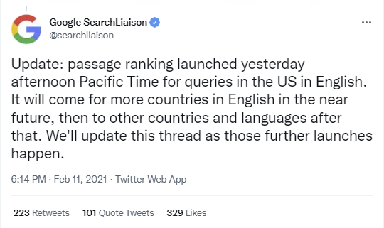 Screenshot of a Google Search Liaison Tweet from February 2021