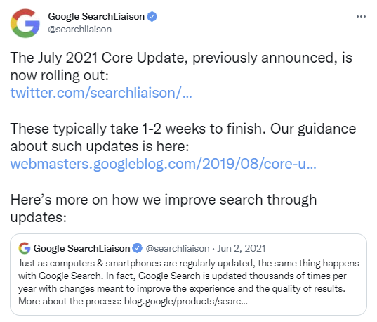 Screenshot of a Google Search Liaison Tweet from July 2021