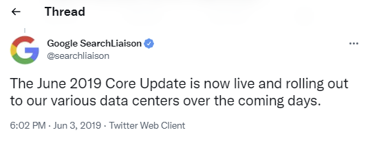 Screenshot of a Google Search Liaison Tweet from June 2019