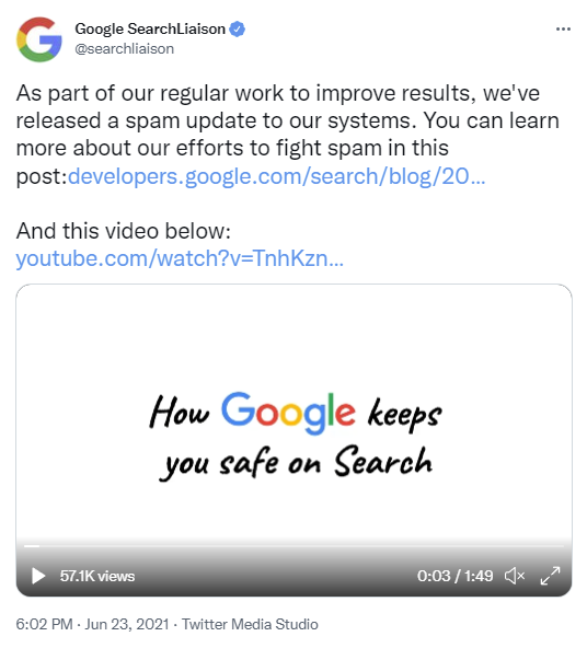 Screenshot of a Google Search Central Tweet from June 2021
