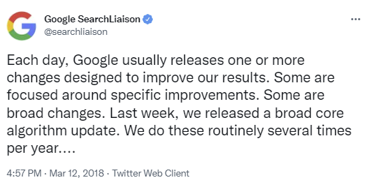 Screenshot of a Google Search Liaison Tweet from March 2018