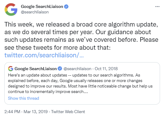 Screenshot of a Google Search Liaison Tweet from June 2019