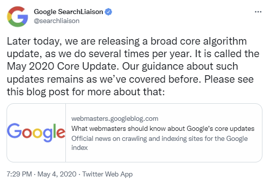 Screenshot of a Google Search Liaison Tweet from December 2020