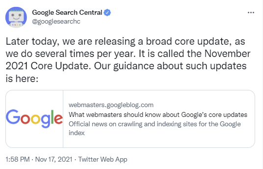 Screenshot of a Google Search Central Tweet from November 2021