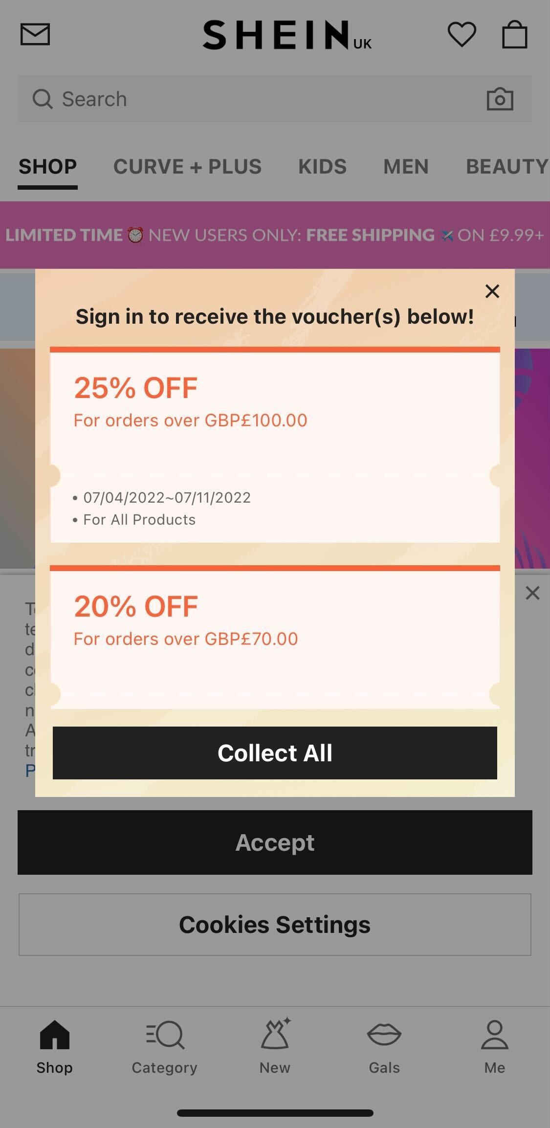 Screenshot of a popup in the SHEIN app