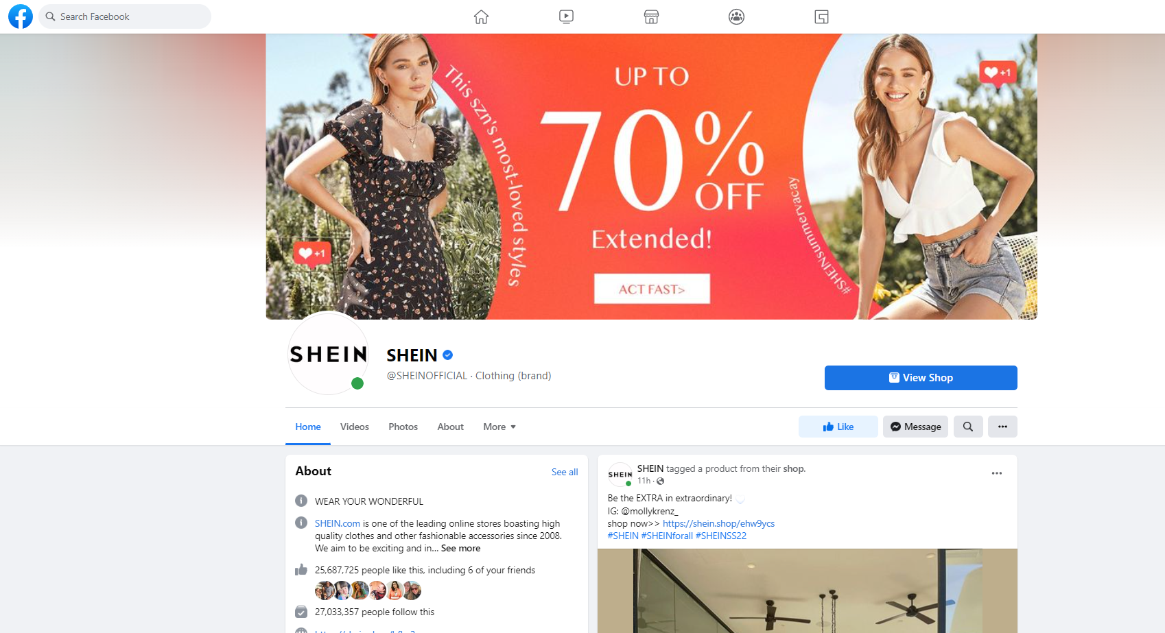 Screenshot of SHEIN's Facebook page