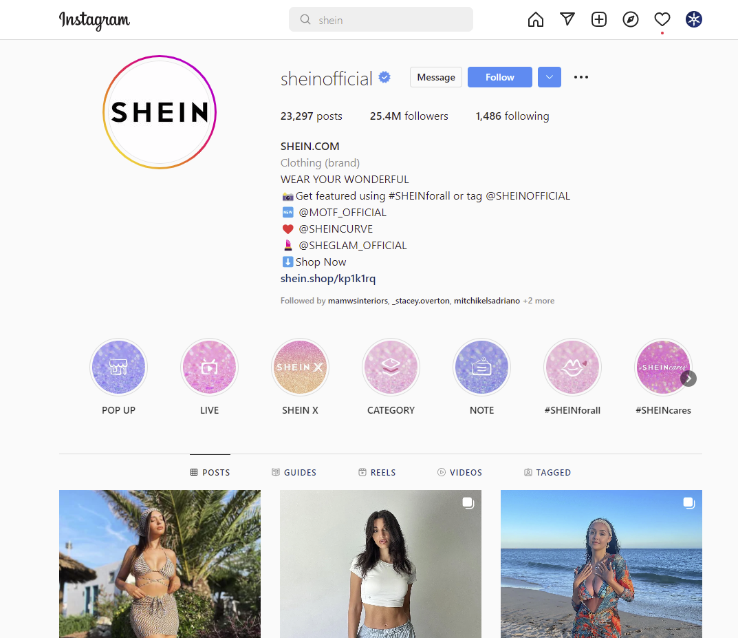 Screenshot of the SHEIN Instagram account