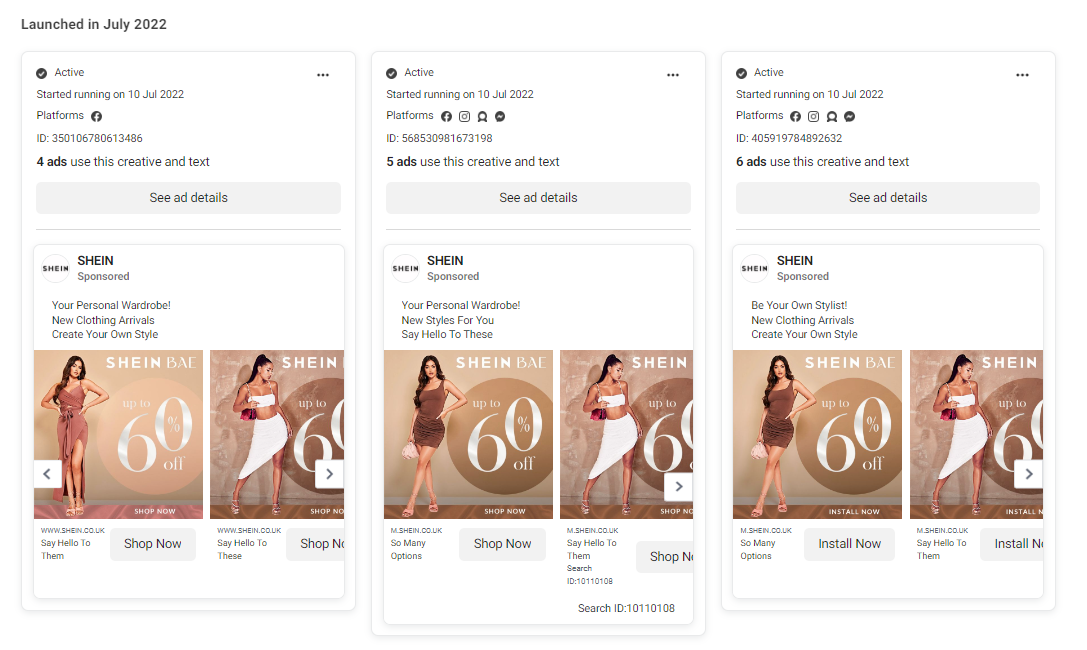 Screenshot of SHEIN ads in the Meta Ad Library