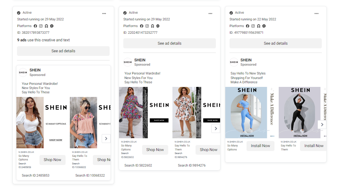 Screenshot of more SHEIN ads on the Meta Ad Library