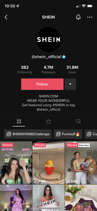 Screenshot of SHEINs TikTok account