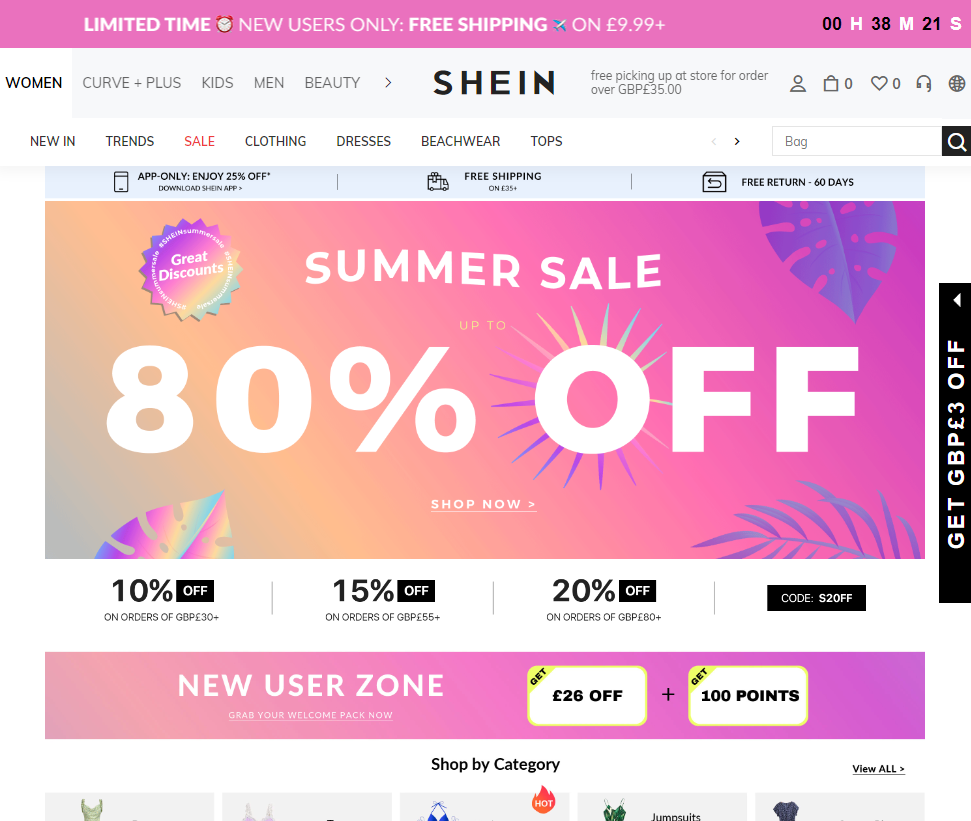 Screenshot of the above the fold section on SHEIN