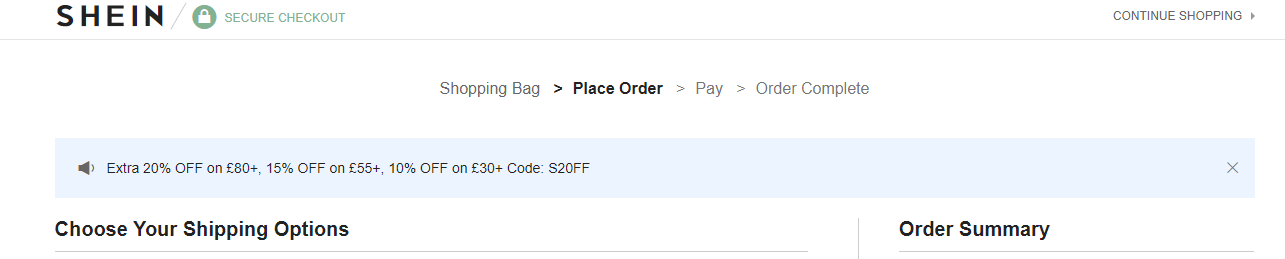 Screenshot of discount codes on the SHEIN checkout page