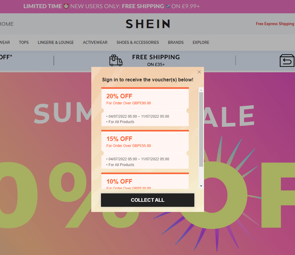 Screenshot of a popup on the SHEIN website